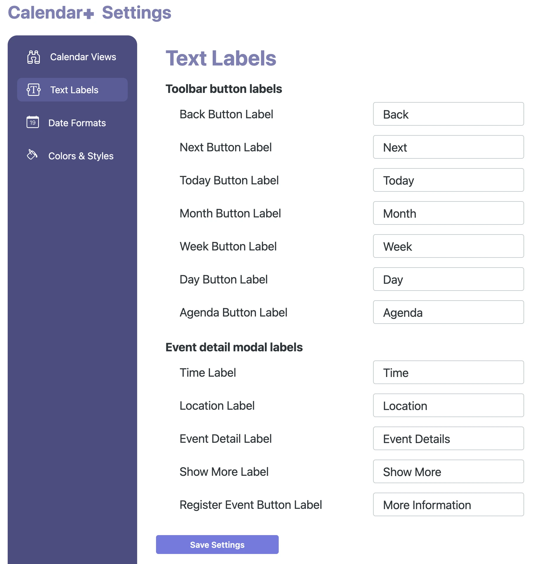 Calendar+ Text Label Settings.